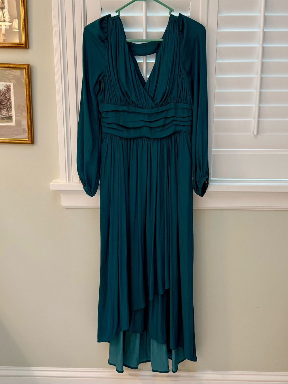 Anthropologie Teal High-Low V-Neck Long Sleeve Dress